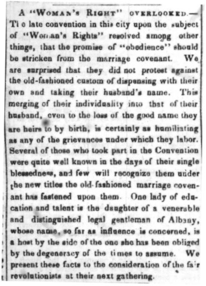 News paper article discussing the proposal to strike the word 'obedience' from the marriage covenant.